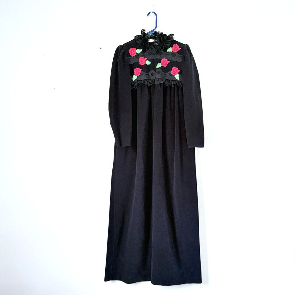 Oscar de la Renta Vintage Robe Small Black Lace Rosettes Velour Long 70s USA